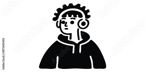 A stylized black-and-white illustration of a person wearing headphones. Capturing the essence of music enjoyment, the artwork embodies the concept of modern listening habits.