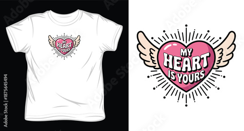 Creative heart with wings and radial light beams featuring my heart is yours romantic typography for apparel
