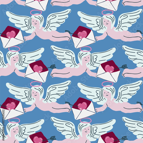 Happy Valentine's Day seamless pattern with cute little cupid and envelope. Romantic vector background.	