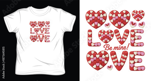 Love be mine text made from candy hearts on white t shirt