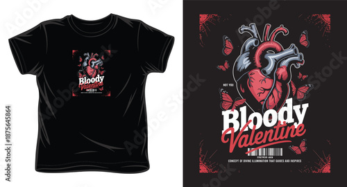Bloody valentine streetwear t-shirt design featuring anatomical heart and butterflies in dark aesthetic style