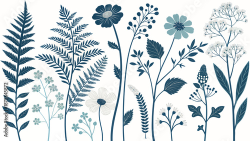 Elegant botanical illustration of various flowers and leaves