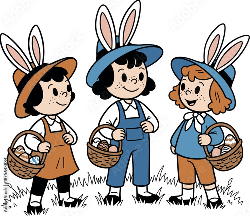 Three children dressed as rabbits enjoying a picnic outdoors on transparent background