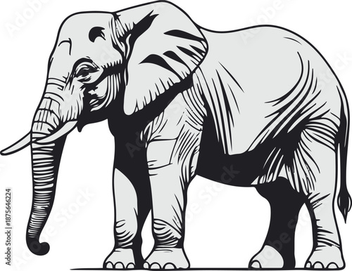 Minimalist vector sticker of an elephant side view, smooth curves, simple flat line art, clean outline, white background, professional stock vector