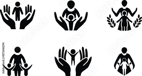 Mother Embrace Icon Set Featuring Silhouettes of Mom Hugging Child, Family Bond and Love Symbols in Minimal Black Style, Editable and Scalable Vector Graphics for T-Shirts, Greeting Cards, POD, Web, P