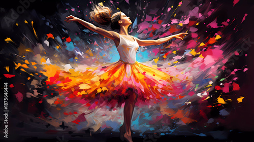 The girl is dancing. A burst of colors against a dark background.