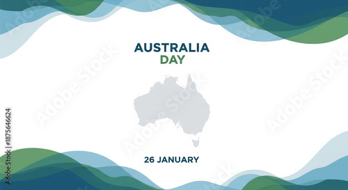 Australia Day 26 January National Holiday Background featuring a Grey Australia Map Silhouette with Modern Teal and Blue Abstract Wavy Borders for Greeting Cards