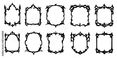 Gothic frame set, vector dark fantasy vintage border, medieval tribal spike decor, Halloween graphic. Arch window symmetric silhouette, game menu design, baroque mirror shape. Gothic frame collection
