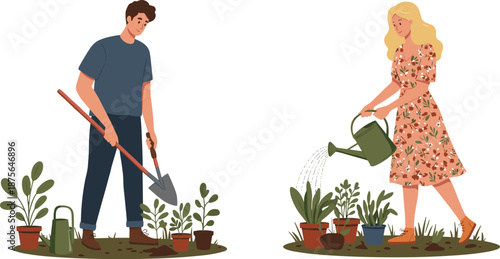 Gardening, planting, watering plants, people working in garden, sustainable lifestyle, eco friendly hobby, outdoor activity, nature care, home gardening, teamwork