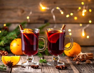 Two clear mugs of warm, spiced beverage with orange slices & cinnamon sticks, against a wooden background with fairy lights