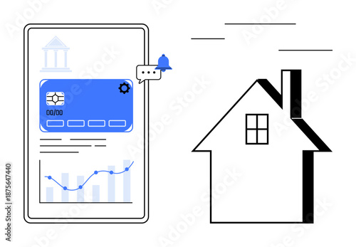 Real estate transactions, online banking, property monitoring, digital finance, investment tools, mobile technology. Mobile interface showing stats and charts next to a house icon. Real estate