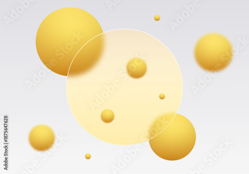 Round glass morphism panel with golden 3D spheres on a light background. Eps 10