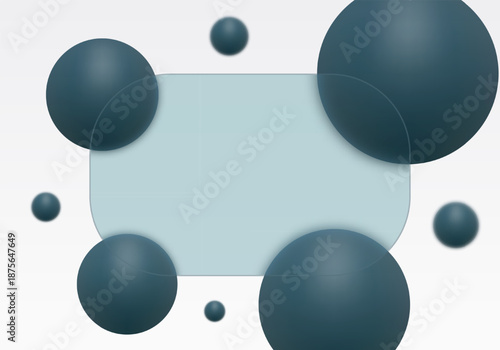Dark blue matte spheres behind a glass morphism panel on a light background. Eps 10