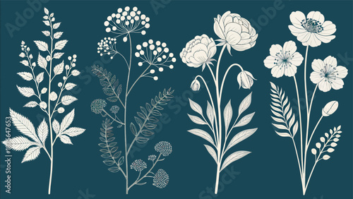 Elegant floral illustrations on dark blue background