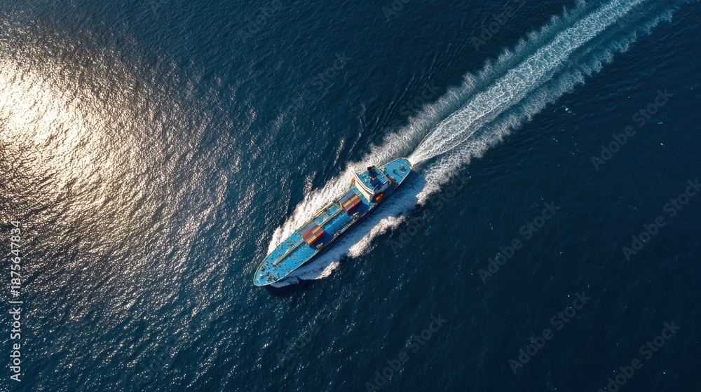 Fototapeta premium Cargo Ship Speeds Across Ocean with Leaving White Wake, and Sunny Day.