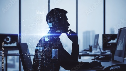 Silhouette of a person at a desk working on computer, data visualization overlay