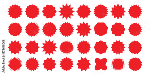 Set of red starburst. Price sticker, sale sticker, price tag, starburst, quality mark, retro stars, sale. Circle sticker set. red starburst shape tags for price tags