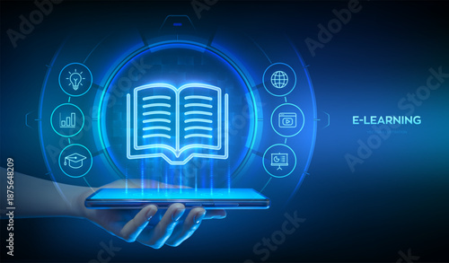 E-learning. Innovative online education technology concept. Remote education via smartphone app. Distance education with mobile app. Webinar, teaching, online training courses. Vector illustration.