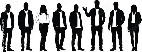 Business people silhouette collection, men and women standing poses, modern corporate team, black outline vector illustration, professional group set