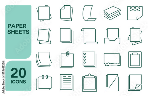 Set of 20 icons related to paper sheets, Vector illustration