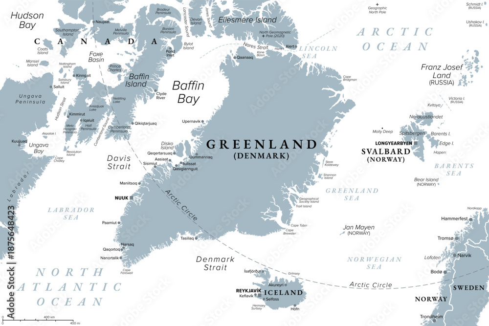 Obraz premium Greenland and part of the Arctic Region, gray political map. Largest island of the world situated between the North Atlantic Ocean and the Arctic Ocean, east of the Canadian Arctic Archipelago. Vector