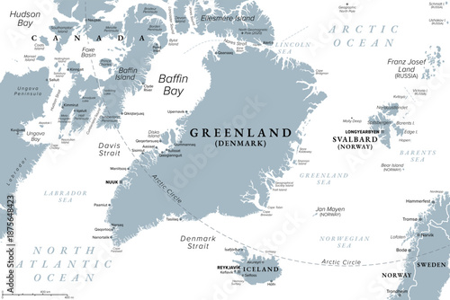 Greenland and part of the Arctic Region, gray political map. Largest island of the world situated between the North Atlantic Ocean and the Arctic Ocean, east of the Canadian Arctic Archipelago. Vector