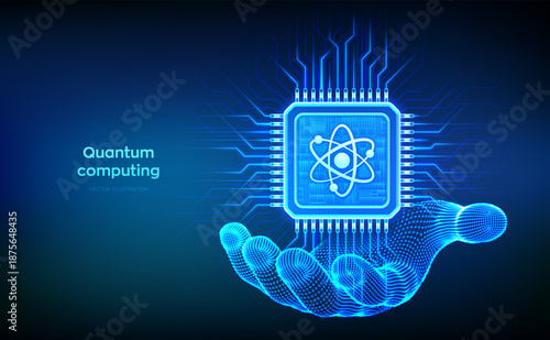 Quantum chip in hand. Quantum computing technology. Quantum processor with qubit superposition. AI. Artificial intelligence. High-speed calculations. Revolutionary algorithms. Vector illustration.