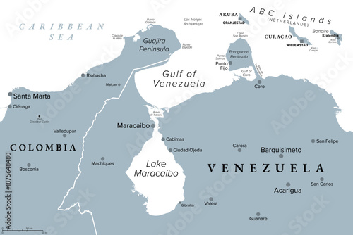 Gulf of Venezuela and Lake Maracaibo, gray political map. Gulf in the Caribbean Sea and South America, connected to one of the oldest Lakes on Earth, and main oil producing area of Venezuela. Vector