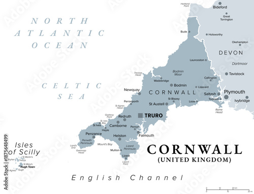 Cornwall, ceremonial county in South West England, United Kingdom, gray political map, with county town Truro, and the Isles of Scilly, bordered by Devon, Atlantic Ocean, and English Channel. Vector