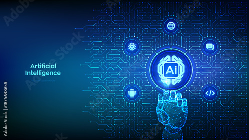 AI. Artificial Intelligence technology. Digital brain. Neural network. Machine learning. Big data. Background with circuit board connections and tech icons. Hand pressing button. Vector Illustration.