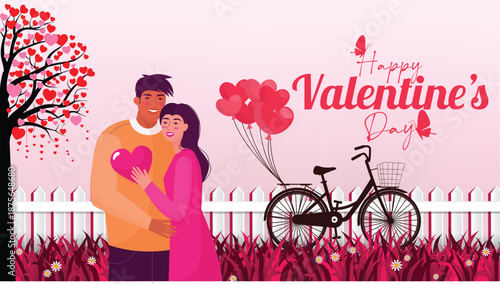 Happy Valentine's Day Flat Illustration of Smiling Couple Holding Heart Next to Bicycle and White Picket Fence