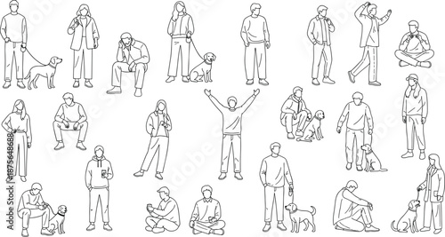 People daily activities line art illustration, men and women with dogs, casual lifestyle, modern urban life, outline vector set