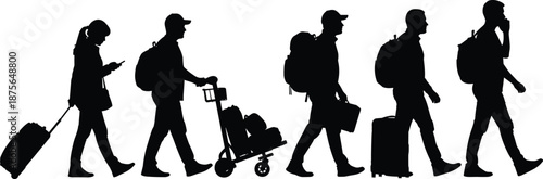 Travelers silhouette walking with luggage, backpackers and tourists journey, airport travel concept, black vector illustration, adventure lifestyle design