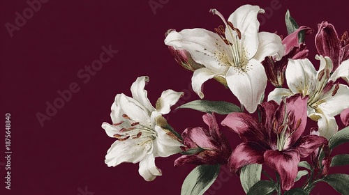 Elegant, chic seamless pattern including white lilies top left corner of image watercolor sketch style with burgundy background
