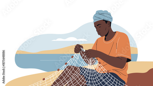 African man weaving fishing nets by the ocean, ideal for coastal community development projects and sustainable fishing publications