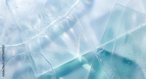 Abstract close-up of clear ice and frosted water drops with light reflections in cool blue tones for a purity and refreshing concept and modern design