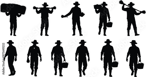 Farmer silhouette collection carrying hay tools basket rural agriculture worker figures isolated on white background illustration