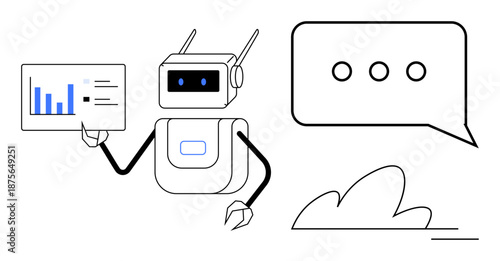 Artificial intelligence, data analysis, digital communication, automation, cloud technology, technological advancement. Robot analyzing data with a speech bubble. Artificial intelligence and data