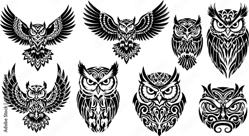 Fototapeta premium Tribal Owl Tattoo Design Vector Collection Set