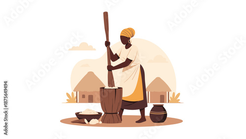 African woman preparing traditional fufu by pounding cassava or yam, ideal for culinary publications and cultural heritage promotions