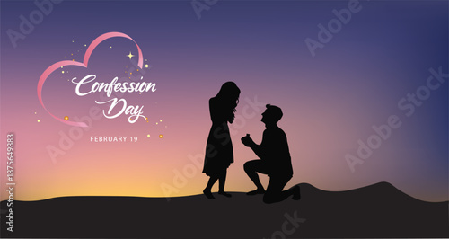 Confession Day Romantic Proposal Illustration With Couple Silhouette Heart Night Sky