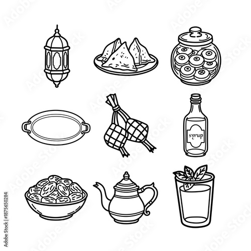 Hand Drawn Ramadan Food and Drink Doodle Icon Set. Black and white outline vector collection of Iftar menu and Eid snacks.