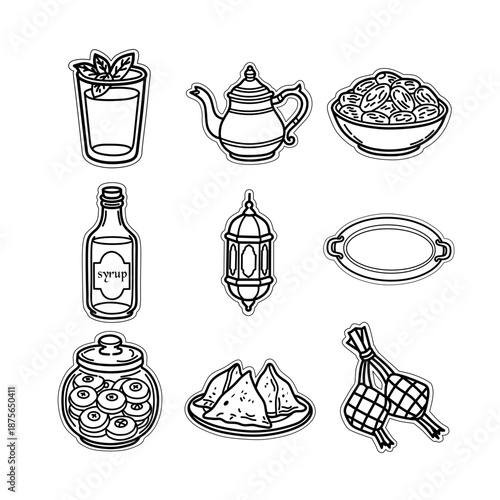 Ramadan Iftar Food Sticker Sheet. Printable vector set of Dates, Syrup, and Nastar cookies with white border die-cut style.