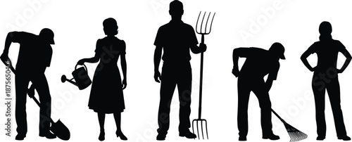 Farmers and gardeners silhouette working with tools, agriculture labor people collection, rural farming activity illustration isolated on white
