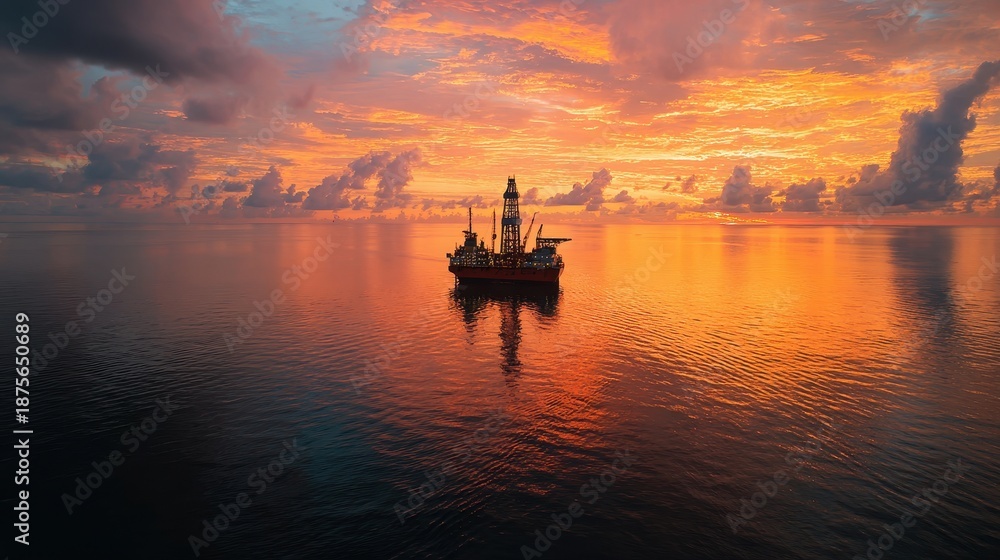 Fototapeta premium Offshore Drilling Rig at Sunset on Calm Ocean with Dramatic Sky.