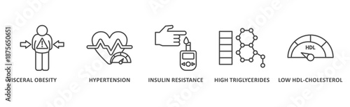 Metabolic Syndrome banner web icon illustration with icon of Hypertension, Insulin Resistance, High Triglycerides, Low HDL-Cholesterol, Visceral Obesity