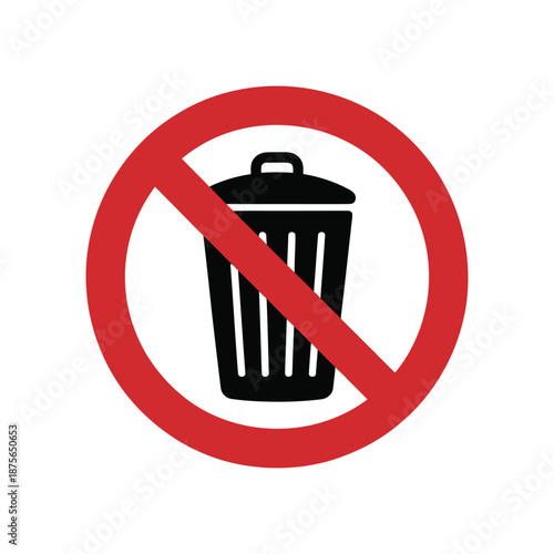 A circular prohibition sign with a red border and a diagonal red line superimposed over a black trash can icon indicating no waste or disposal allowed in this area