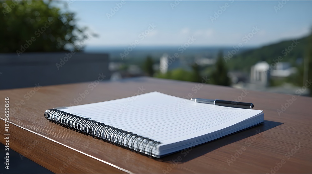 Fototapeta premium A blank lined notebook and pen rest on a wooden table with a scenic blurred cityscape in the background