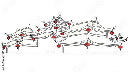 asian temple roofs with red lanterns