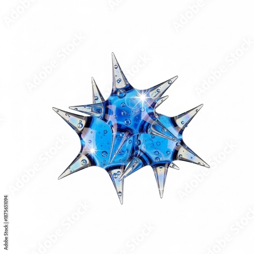 Abstract 3D Spiky Star Shape in Translucent Blue Glass with Internal Bubbles, Creative Microscopic Cell or Virus Illustration on White Background